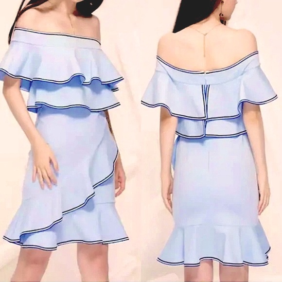 Gracia Dresses & Skirts - ANTHROPOLOGIE GRACIA Off Shoulder Ruffle Dress Light Blue Trimmed in B/W
